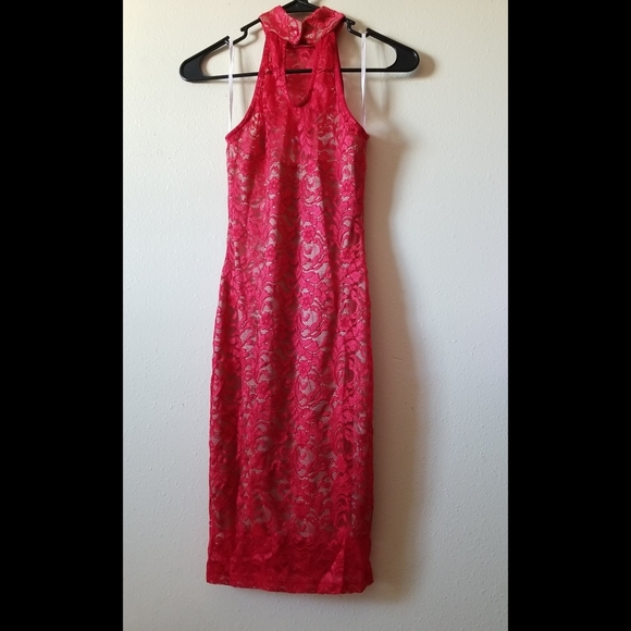 NEW LISTING! Red Nude Illusion Lace Mock Neck Dress - Picture 9 of 17